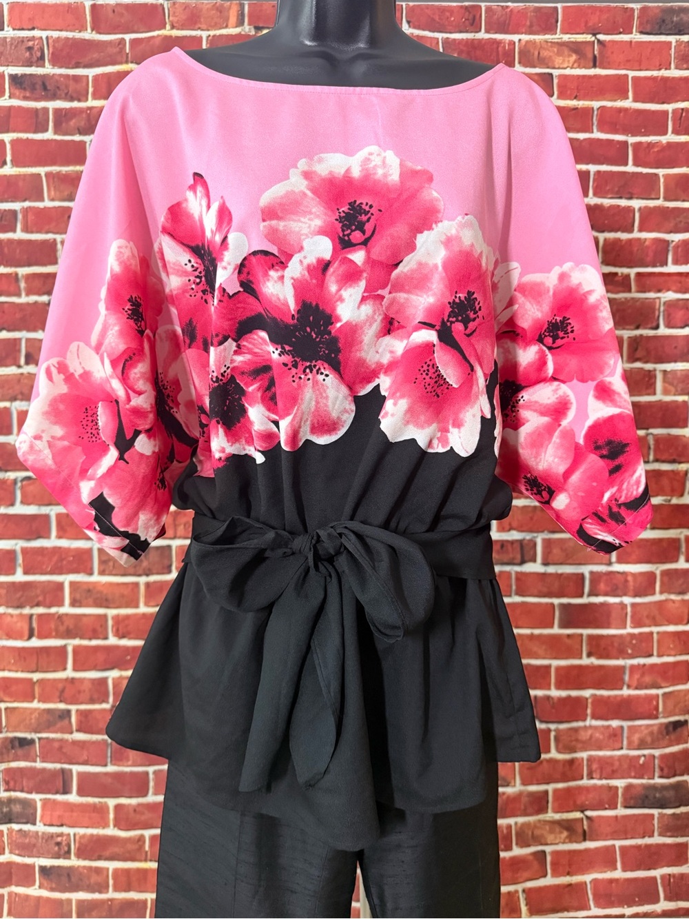 New York & Company Women’s L Pink Black Floral Chiffon Dolman 3/4 Blouse